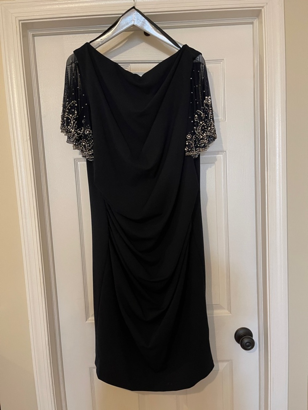 Betsy & Adam Navy Blue Midi Dress with Beaded Sheer Sleeves